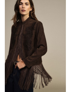 Veste en fausse fourrure avec broderie florale et franges « Dixie »...