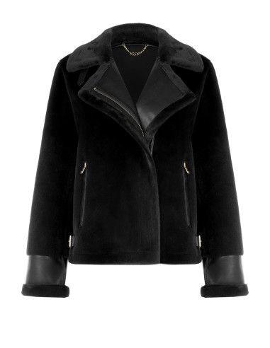 Short faux fur jacket with faux leather detailing and front pockets with gold-coloured zips by Rinascimento