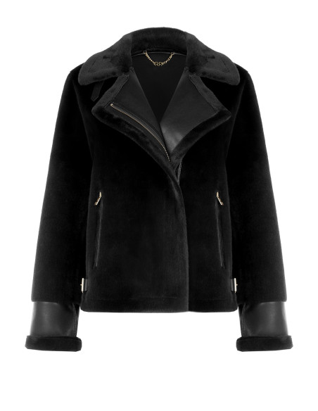 Veste courte en fourrure synthétique avec détails en simili-cuir et poches avant à fermeture éclair dorée « Rinascimento »