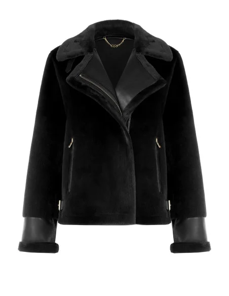 Veste courte en fourrure synthétique avec détails en simili-cuir et poches avant à fermeture éclair dorée « Rinascimento »