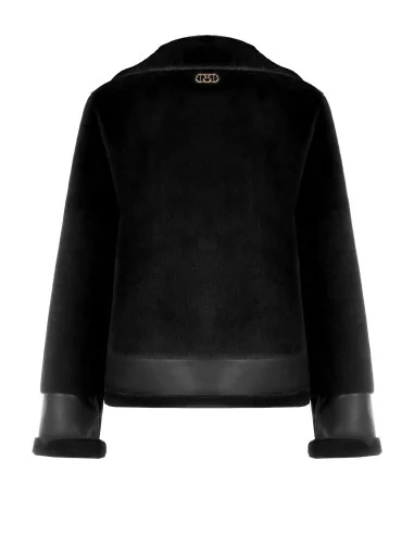 Short faux fur jacket with faux leather detailing and front pockets with gold-coloured zips by Rinascimento