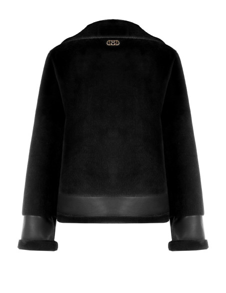 Short faux fur jacket with faux leather detailing and front pockets with gold-coloured zips by Rinascimento