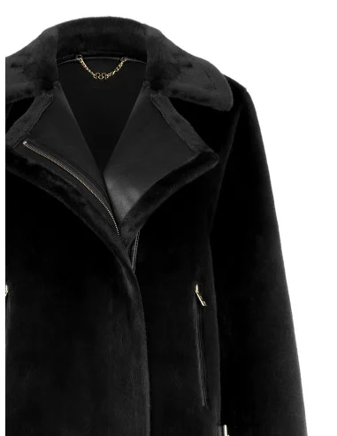 Short faux fur jacket with faux leather detailing and front pockets with gold-coloured zips by Rinascimento