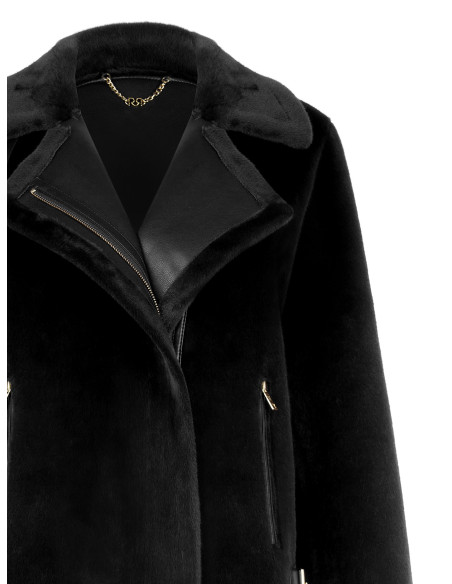 Short faux fur jacket with faux leather detailing and front pockets with gold-coloured zips by Rinascimento