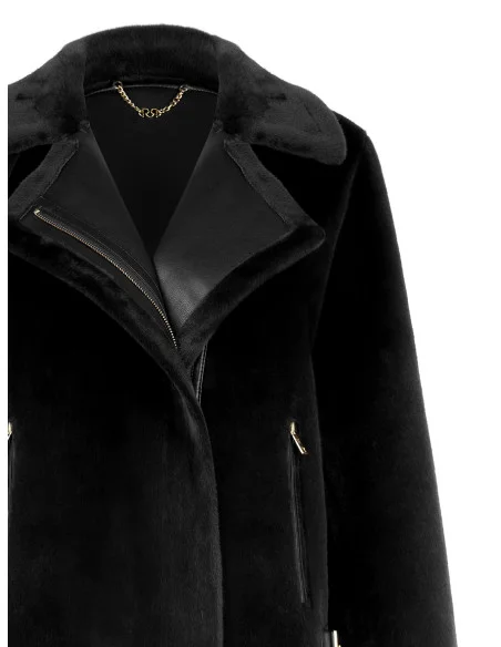 Short faux fur jacket with faux leather detailing and front pockets with gold-coloured zips by Rinascimento