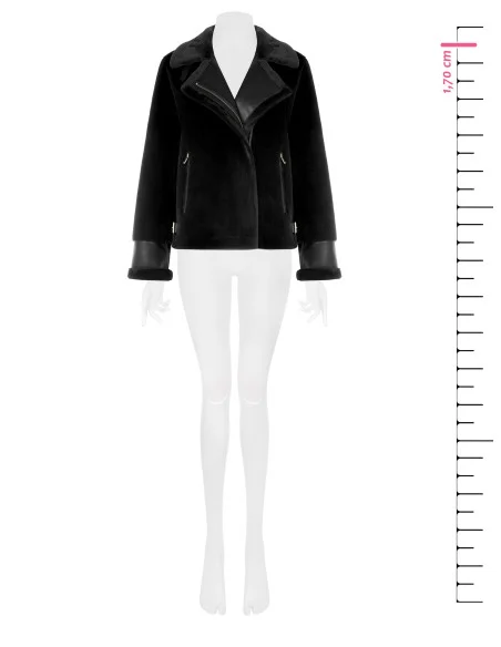 Short faux fur jacket with faux leather detailing and front pockets with gold-coloured zips by Rinascimento