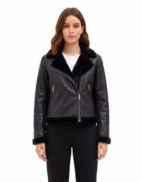 Veste de motard en simili-cuir et fourrure synthétique Rinascimento