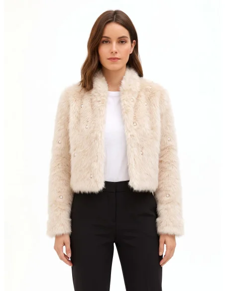 Rinascimento Short Faux Fur Coat with Tone-on-Tone Pearls