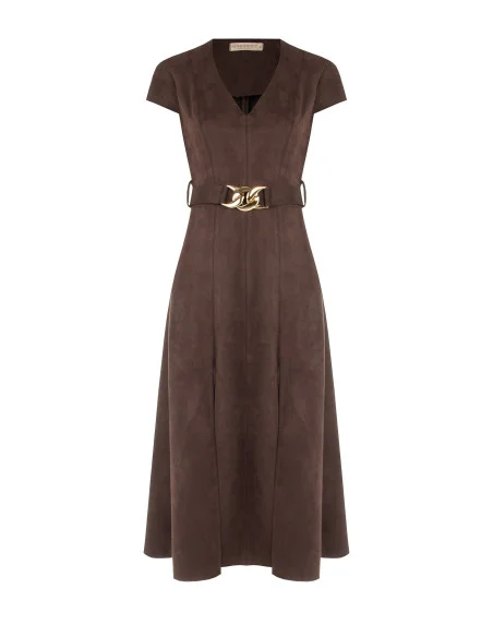 Midi Dress in Faux Suede with Matching Structured Belt and Chain Buckle Rinascimento