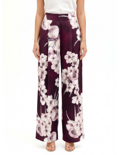 Pantalon palazzo en satin à fleurs avec pinces « Rinascimento » - V...