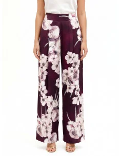 Pantalon palazzo en satin fleuri avec pinces Rinascimento