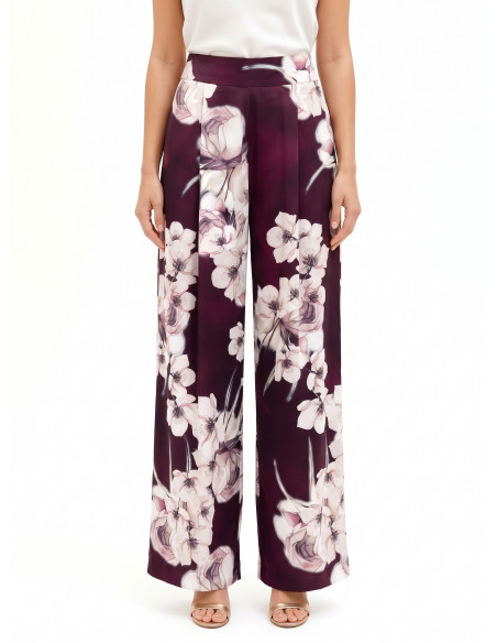 Floral Satin Palazzo Trousers with Rinascimento-style Pleats - Vest...
