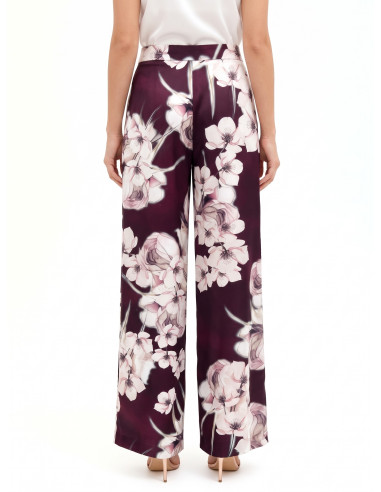 Pantalon palazzo en satin à fleurs avec pinces « Rinascimento » - V...