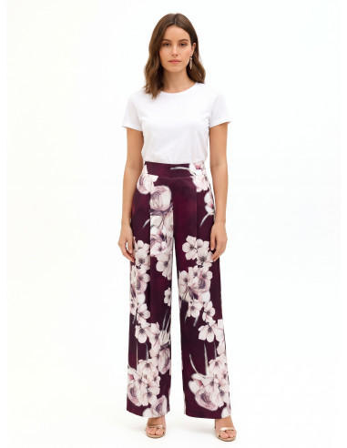 Pantaloni Palazzo In Raso A Fiori Con Pinces Rinascimento