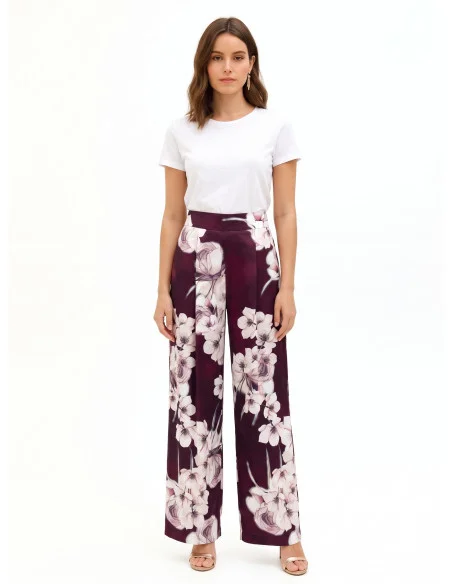 Floral Satin Palazzo Trousers with Pleats Rinascimento