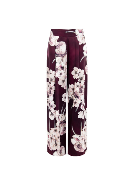 Pantalon palazzo en satin à fleurs avec pinces « Rinascimento » - V...