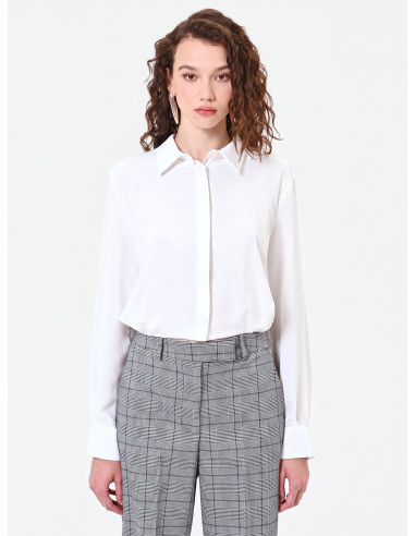 Rinascimento Flowing Crop Shirt in Matt Satin with Concealed Button...