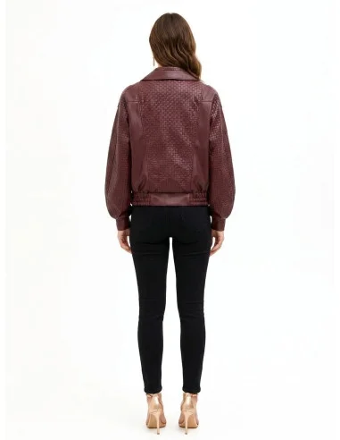 Faux Leather Bomber Jacket With Woven Checkered Detail Rinascimento