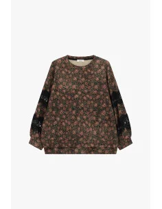 Dixie Floral Print Crew-Neck Sweatshirt with Lace Inserts