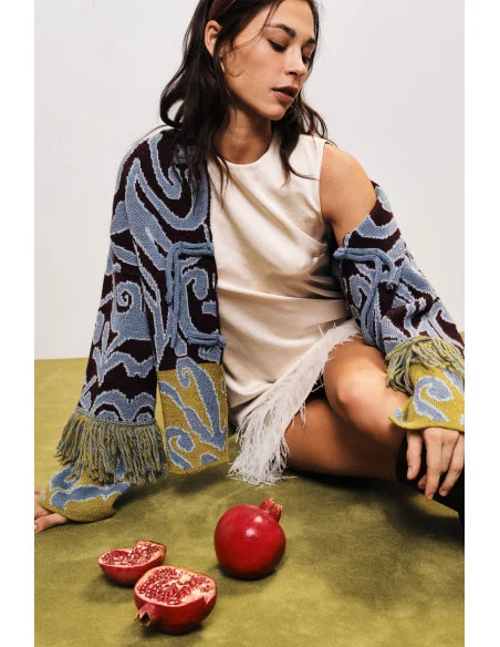 Cardigan Jacquard Con Frange E Chiusura A Nodo Dixie