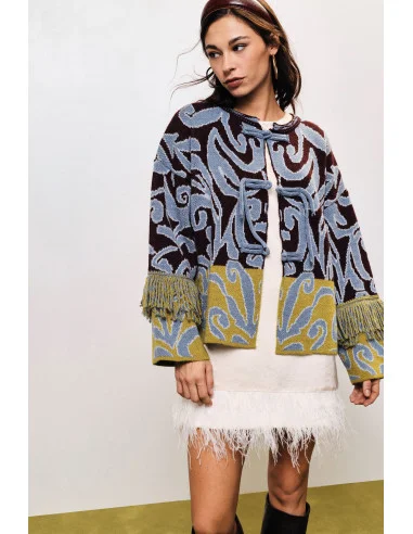 Dixie Jacquard Cardigan with Fringing and a Knot Fastening