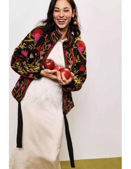 Dixie Zip-Up Cardigan with Floral Jacquard Pattern