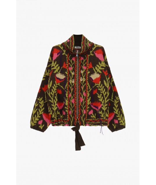Dixie Zip-Up Cardigan with Floral Jacquard Pattern