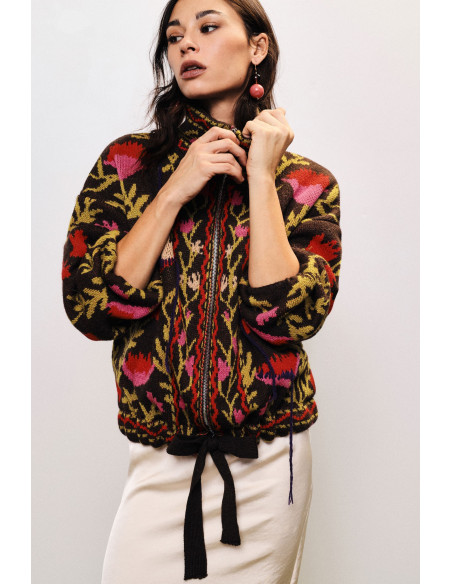 Cardigan à fermeture éclair et motif floral jacquard Dixie