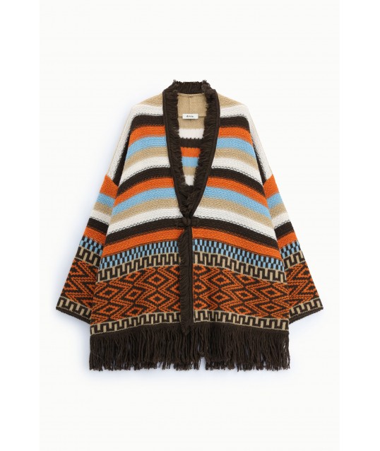 Dixie Fringed Poncho with Geometric Patterns