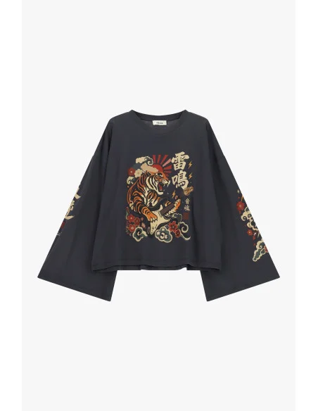 T-shirt à manches longues style kimono, imprimé tigre « Dixie »