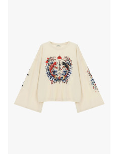 Dixie Wide-Sleeved Top with Carp and Waves Print