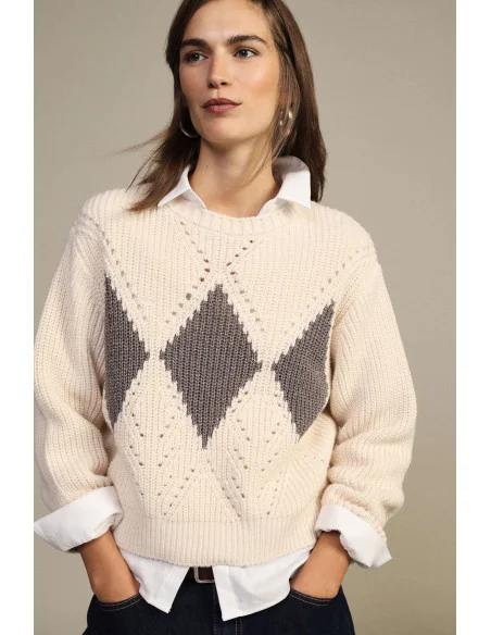Crew-Neck Sweater with Openwork Diamond Pattern Dixie