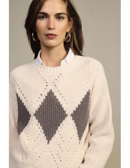 Crew-Neck Sweater with Openwork Diamond Pattern Dixie
