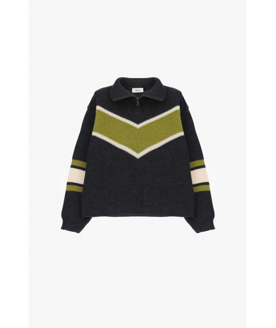 Pull à col rond, à côtes, avec fermeture éclair et motif en V en forme de « X »