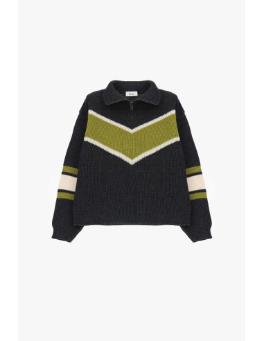 V Dixie Ribbed Crew-Neck Jumper with Zip and Pattern - Vestiti Firm...