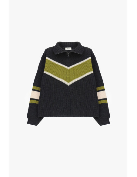V Dixie Ribbed Crew-Neck Jumper with Zip and Pattern - Vestiti Firm...