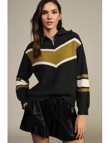 V Dixie Ribbed Crew-Neck Jumper with Zip and Pattern - Vestiti Firm...