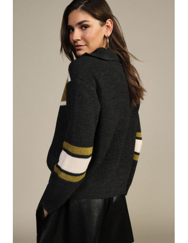 V Dixie Ribbed Crew-Neck Jumper with Zip and Pattern - Vestiti Firm...