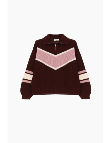 Pull à col rond, à côtes, avec fermeture éclair et motif en V en fo...