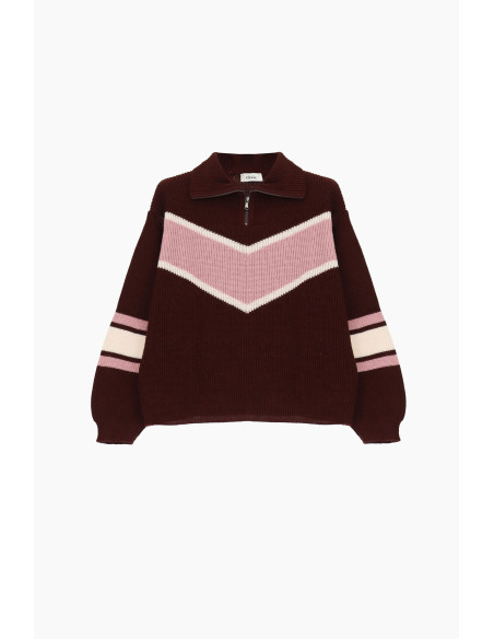 Pull à col rond, à côtes, avec fermeture éclair et motif en V en fo...