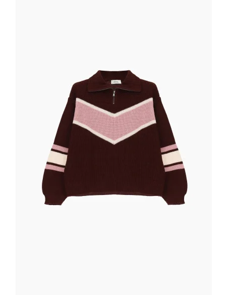 Pull à col rond côtelé avec zip et motif en V Dixie