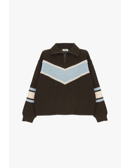 Pull à col rond, à côtes, avec fermeture éclair et motif en V en fo...