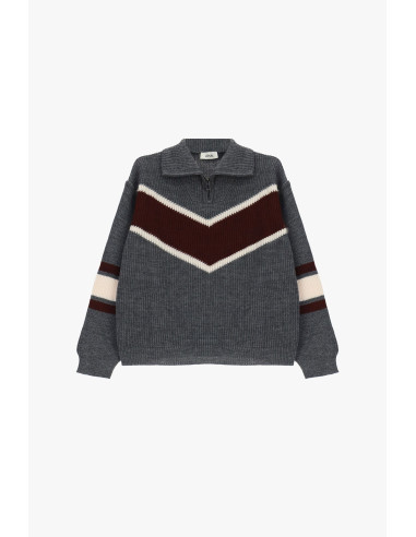 Ribbed Crew-Neck Sweater with Zip and V-Shaped Pattern Dixie