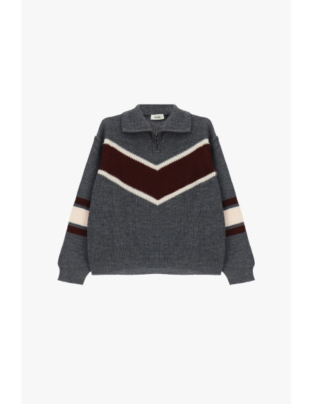 Ribbed Crew-Neck Sweater with Zip and V-Shaped Pattern Dixie