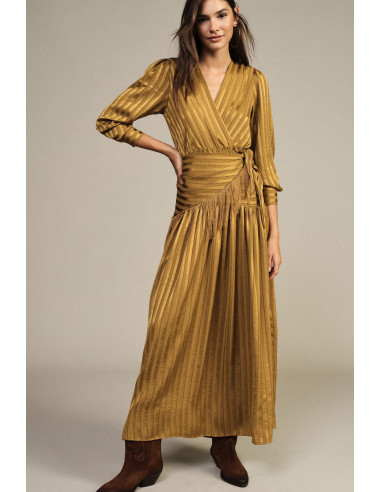 Dixie Long Wrap-Around Dress with Fringes and Long Sleeves - Vestit...