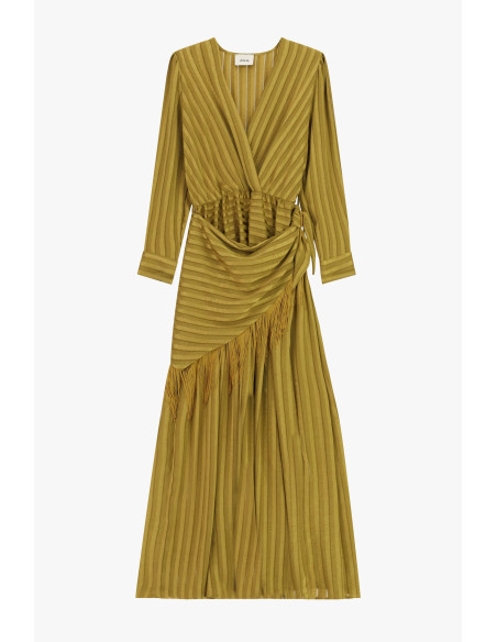 Dixie Long Wrap-Around Dress with Fringes and Long Sleeves - Vestit...