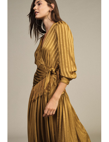 Dixie Long Wrap-Around Dress with Fringes and Long Sleeves - Vestit...