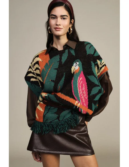 Tropical Print Poncho with Fringes Dixie