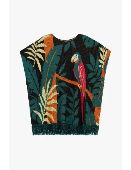 Tropical Print Poncho with Fringes Dixie