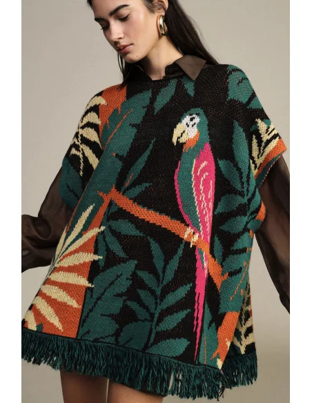 Tropical Print Poncho with Fringes Dixie